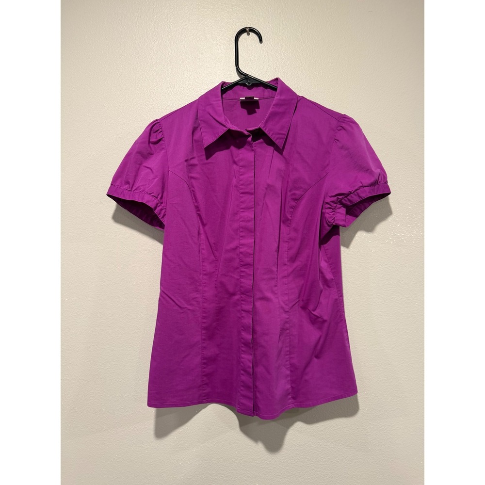 Worthington Stretch Purple Short Sleeve Button Up Blouse Magenta Tailored M